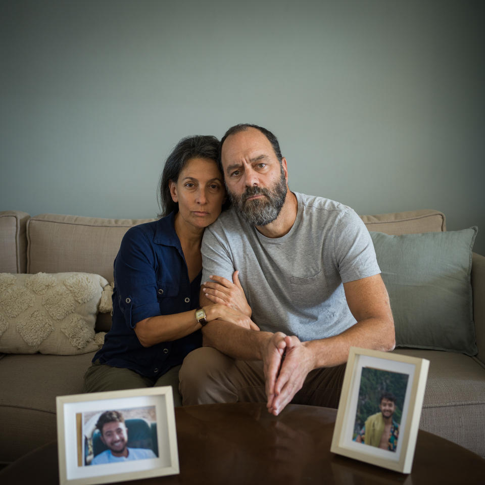 Jonathan Polin, right, and Rachel Goldberg in Jerusalem on Oct. 15. Their son Hersh Goldberg-Polin, 23, is missing.<span class="copyright">Michal Chelbin for TIME</span>