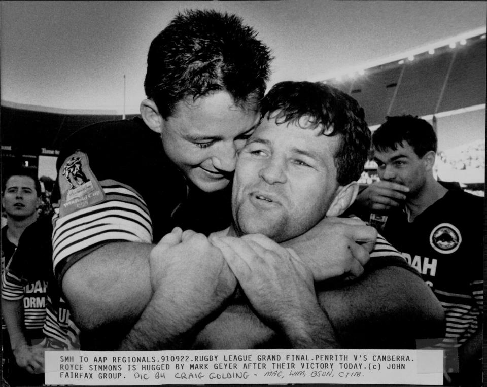 Royce Simmons and Mark Geyer, pictured here after the Penrith Panthers' grand final triumph in 1991.