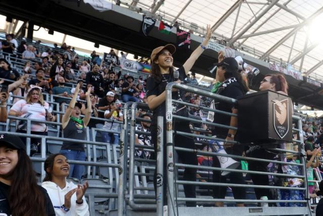 LOS ANGELES, CALIFORNIA - JULY 01: Angel City FC Investor America Ferrera waves to fans prior to the game.