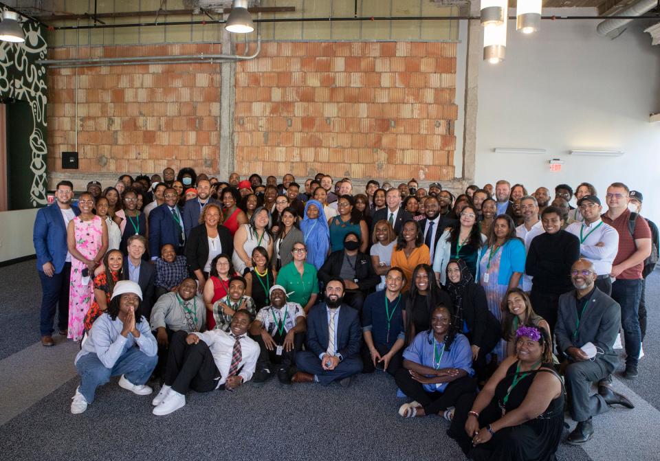 Portrait of the Detroit Apple Developer Academy's first graduating class at the First National Building on Woodward Ave in Detroit on June 30, 2022.