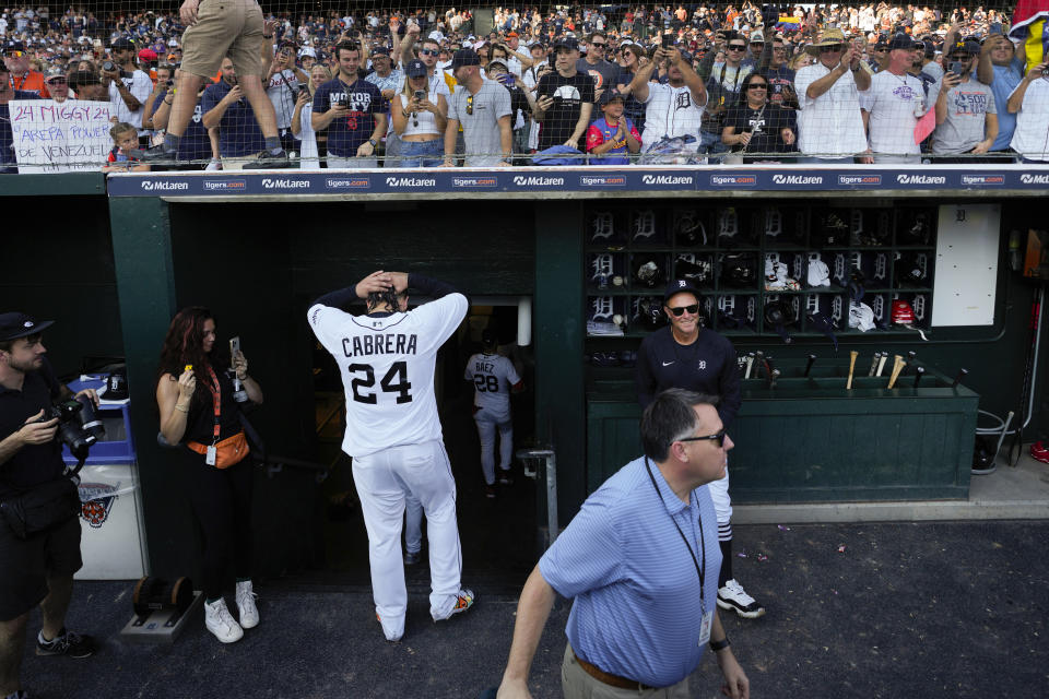 Detroit Tigers' Miguel Cabrera leaves the field after a baseball game against the Cleveland Guardians, Sunday, Oct. 1, 2023, in Detroit. Cabrera will retire after the game. (AP Photo/Paul Sancya)