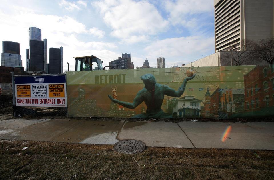 A banner around a construction zone at Blue Cross/Blue Shield, Interstate 75 and Congress, in Detroit.