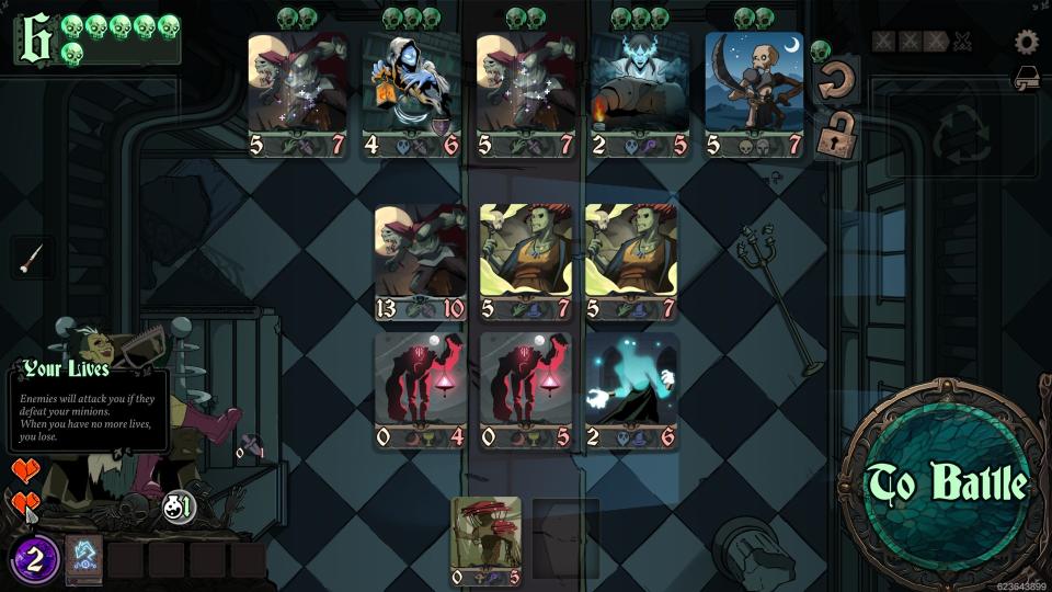 A screenshot of Throne of Bone, a deckbuilding roguelike autobattler, in which you amass a horde of undead to do battle with your enemies.