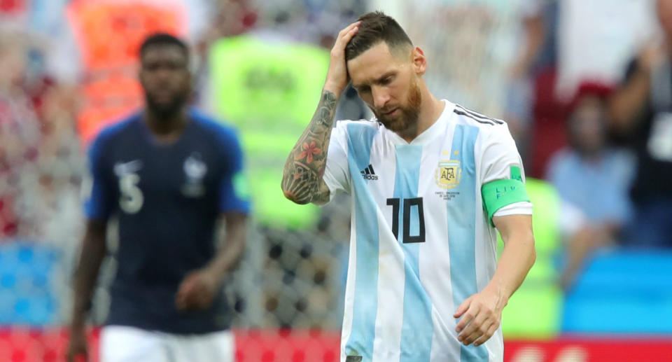 Lionel Messi reacts during Argentina’s 4-3 loss to France. (Getty)