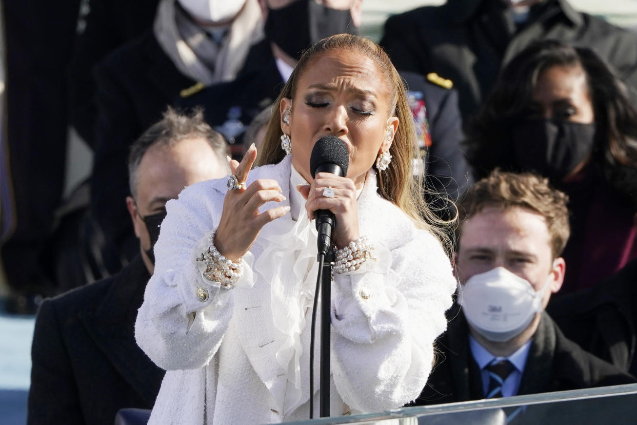 Jennifer Lopez sings during the inauguration of Joe Biden as the 46th US President on January 20, 2021, at the US Capitol in Washington, DC. (Photo by Patrick Semansky / POOL / AFP) (Photo by PATRICK SEMANSKY/POOL/AFP via Getty Images)