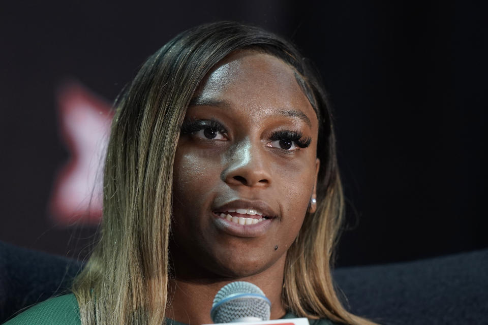 Baylor guard Ja'Mee Asberry speaks to the media during Big 12 NCAA college basketball media day Tuesday, Oct. 18, 2022, in Kansas City, Mo. (AP Photo/Charlie Riedel)