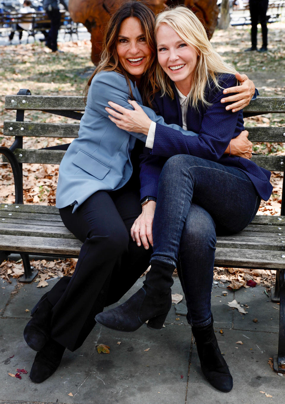 <p>Mariska Hargitay and Kelly Giddish share a hug while filming <em>Law & Order: SVU </em>in N.Y.C. on Aug. 4. </p>