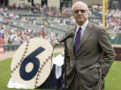 FILE - In this Aug. 25, 2002, file photo, Detroit Tigers Hall of Famer Al Kaline is honored for his 50 years with the Tigers organization at Comerica Park in Detroit. Al Kaline, who spent his entire 22-season Hall of Fame career with the Detroit Tigers and was known affectionately as “Mr. Tiger,” has died. He was 85. John Morad, a friend of Kaline's, confirmed to The Associated Press that he died Monday, April 6, 2020, at his home in Michigan. (AP Photo/John F. Martin)