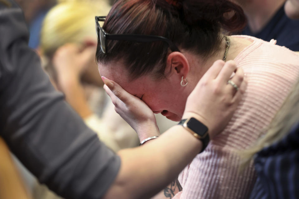 Crystal Sorey, Harmony Montgomery's biological mother, cries as she listens to the prosecution's closing argument in Adam Montgomery's trial, Wednesday, Feb. 21, 2024, in Manchester, N.H. Montgomery is accused of killing his 5-year-old daughter Harmony. (Jim Davis/The Boston Globe via AP, Pool)
