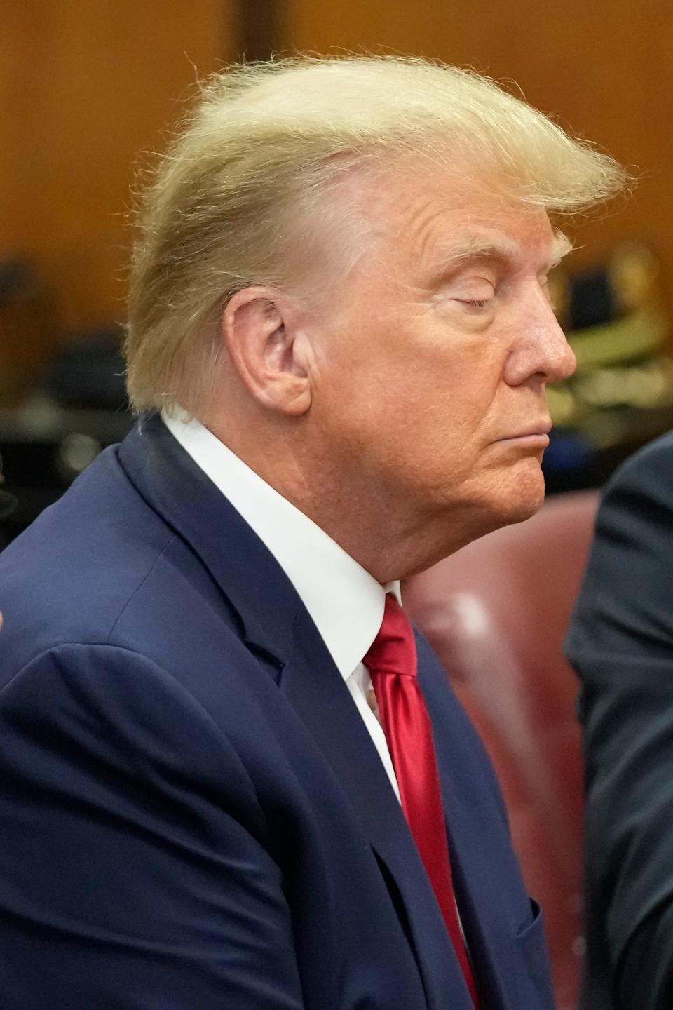 Former President Donald Trump appears in court for his arraignment, Tuesday, April 4, 2023, in New York.