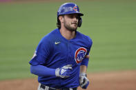Chicago Cubs' Kris Bryant runs the bases after hitting a solo home run in the sixth inning in a baseball game against the Cleveland Indians, Wednesday, Aug. 12, 2020, in Cleveland. (AP Photo/Tony Dejak)