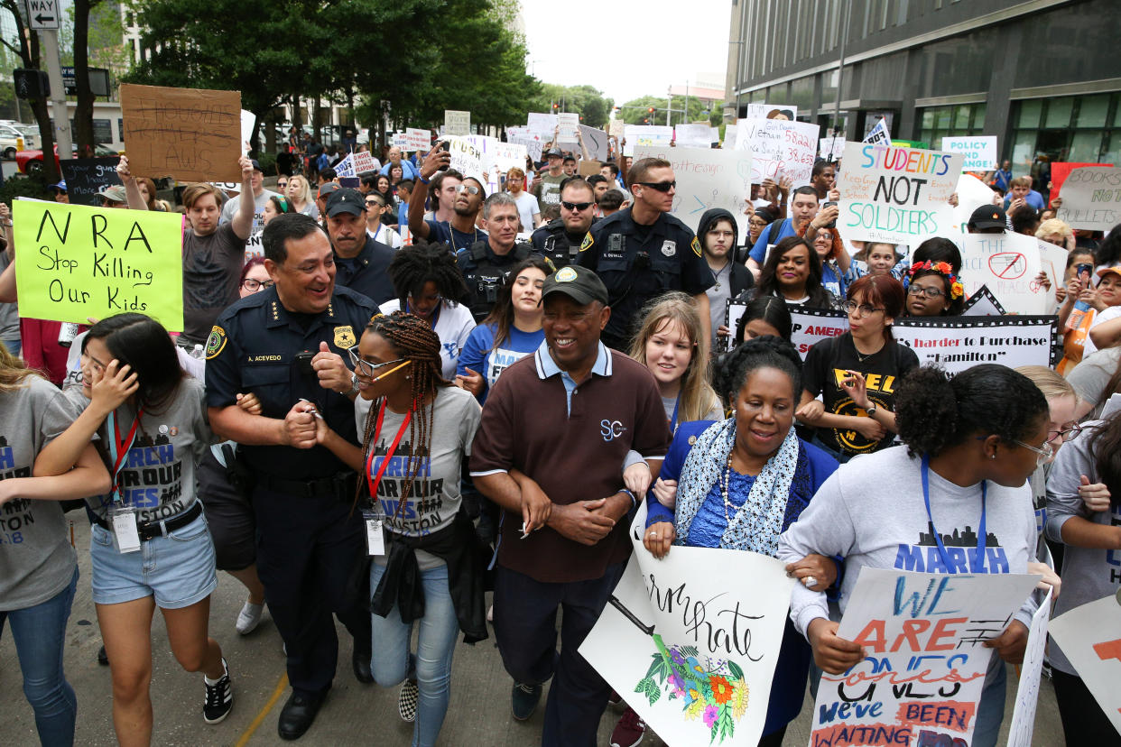 Houston Police Chief Art Acevedo, Mayor Sylvester Turner, U.S. Rep. Sheila Jackson Lee and student organizers&nbsp;at&nbsp;Houston's March for Our Lives rally on March 24. (Photo: Loren Elliott / Reuters)