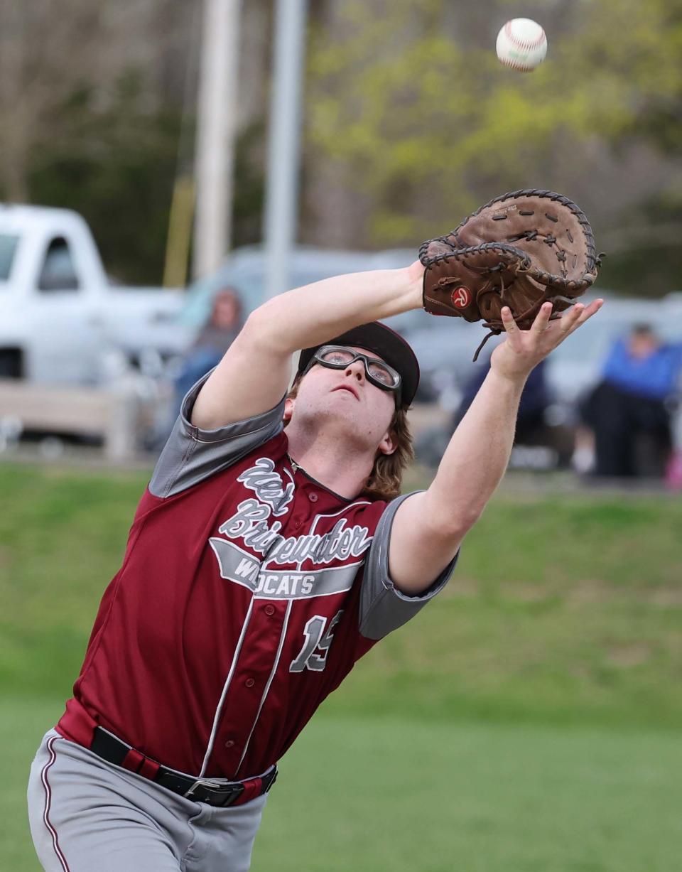 West Bridgewater first basemen Christian Bates makes the catch against Seekonk on Wednesday, April 17, 2024.