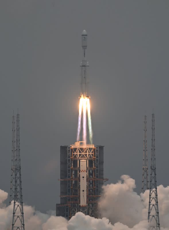 Long March-8 rocket, carrying the relay satellite Queqiao-2 for Earth-Moon communications, blasts off in Hainan