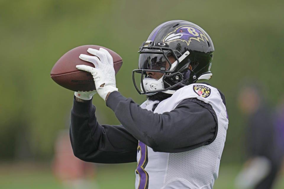 Baltimore Ravens wide receiver Odell Beckham Jr. (3) catches the ball during an NFL practice session in London, Wednesday, Oct. 11, 2023 ahead the NFL game against Tennessee Titans at the Tottenham Hotspur Stadium on Sunday. (AP Photo/Kin Cheung)