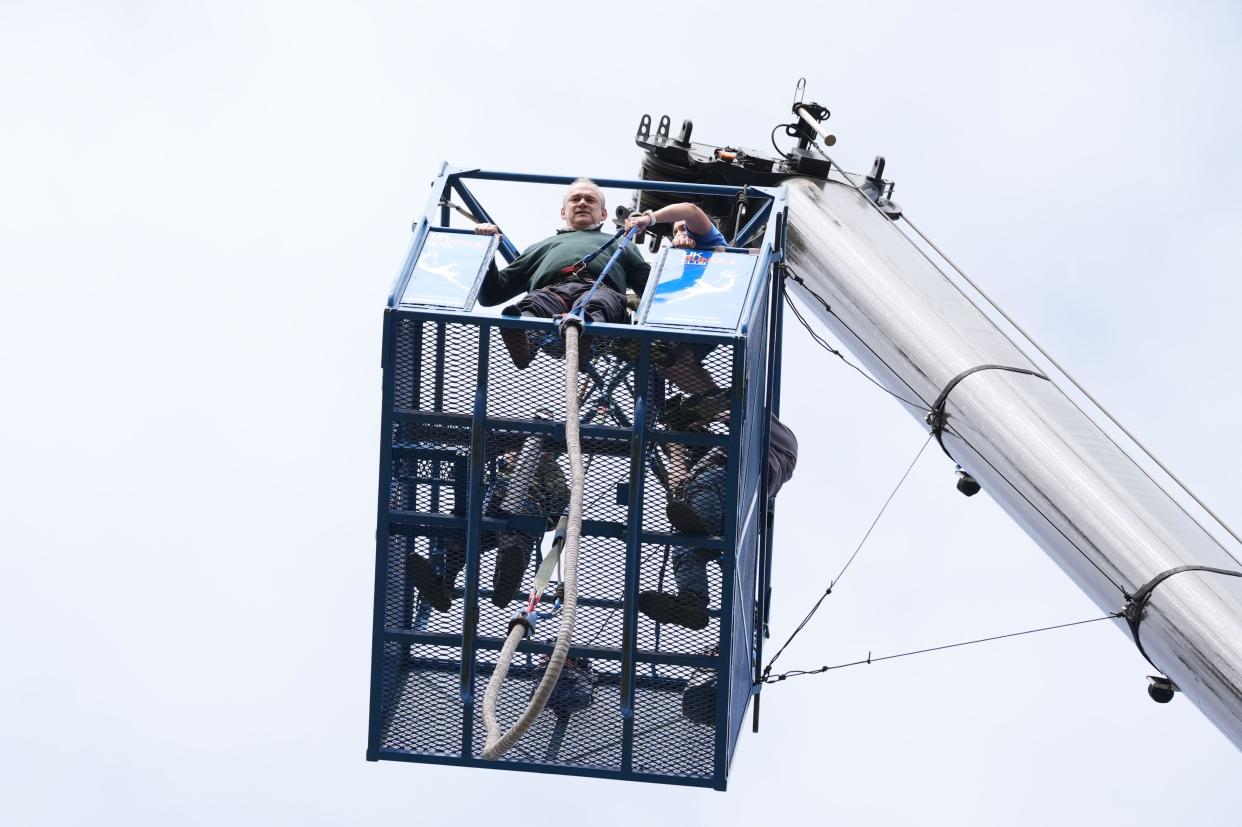 Liberal Democrat leader Sir Ed Davey before taking part in a bungee jump during a visit to Eastbourne Borough Football Club in East Sussex, while on the General Election campaign trail. Picture date: Monday July 1, 2024.