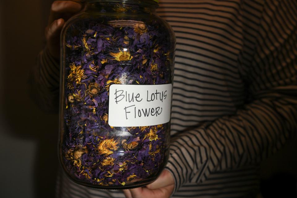 Blue Lotus Flowers in a jar at ABĒCA Naturals in North Augusta, S.C., on Tuesday, Feb. 27, 2024.
