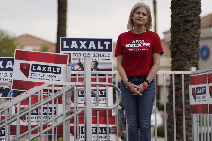 Republican congressional candidate April Becker waits to speak at a get-out-the-vote rally Saturday, Oct. 22, 2022, in Las Vegas. Becker is running against Rep. Susie Lee, D-Nev. (AP Photo/John Locher)