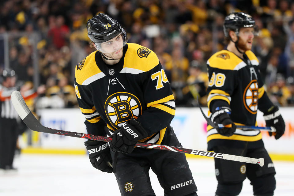 BOSTON, MASSACHUSETTS - APRIL 23: Jake DeBrusk #74 of the Boston Bruins looks on during the third period of Game Seven of the Eastern Conference First Round against the Toronto Maple Leafs during the 2019 NHL Stanley Cup Playoffs at TD Garden on April 23, 2019 in Boston, Massachusetts. The Bruins defeat the Maple Leafs 5-1.  (Photo by Maddie Meyer/Getty Images)