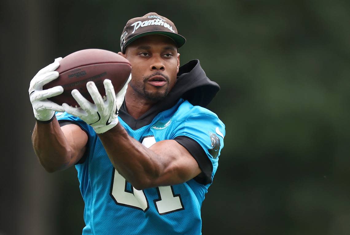 Carolina Panthers tight end Jordan Matthews catches a pass prior to training camp practice on Thursday, July 25, 2024.