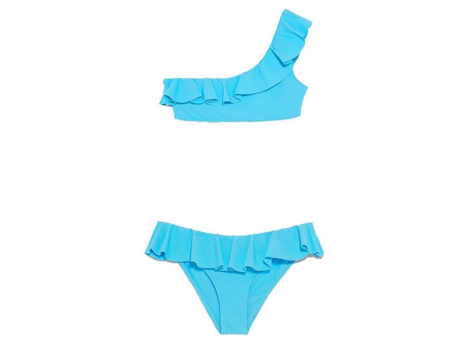 Asymmetric Bikini Top, £17.99 and Bikini Bottoms with Ruffle Trim, £15.99, Zara: 