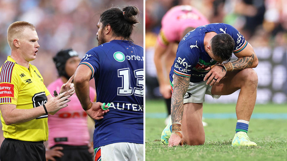 Pictured left is NRL referee Todd Smith talking to Warriors player Tohu Harris during the Penrith Magic Round game.