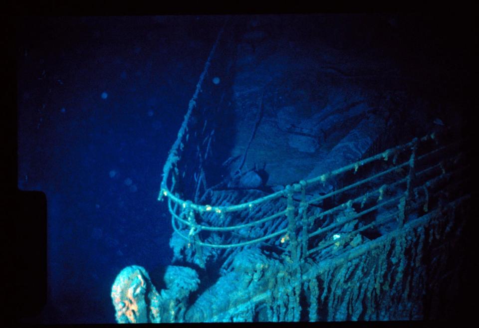 This handout image taken during the historical 1986 dive, courtesy of WHOI (Woods Hole Oceanographic Institution) and released February 15, 2023 shows the Titanic bow. - In July 1986, nine months after the discovery, a team from WHOI returned to the wreck site, this time using three-person research submersible Alvin and the newly developed remotely operated vehicle Jason Jr. The trip marked the first time that humans laid eyes on the vessel since its ill-fated voyage in 1912. 