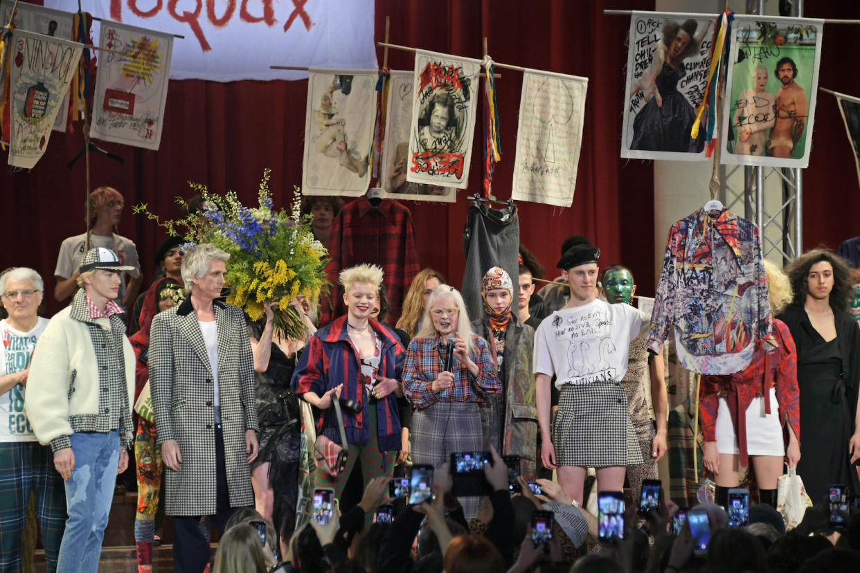 Dame Vivienne Westwood used the runway to protest Brexit during London Fashion Week [Photo: Getty]