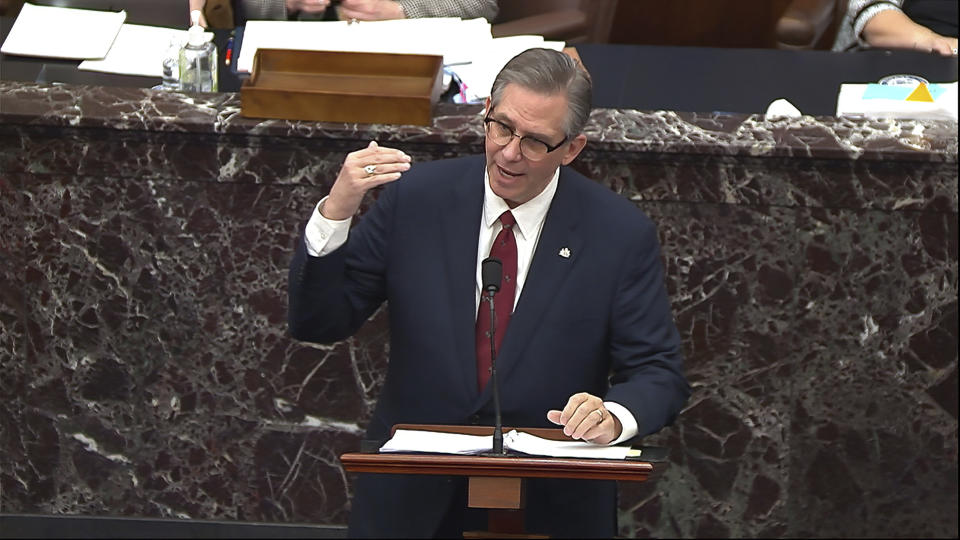 In this image from video, Bruce Castor, an attorney for former President Donald Trump, speaks during the second impeachment trial of Trump in the Senate at the U.S. Capitol in Washington, Friday, Feb. 12, 2021. (Senate Television via AP)