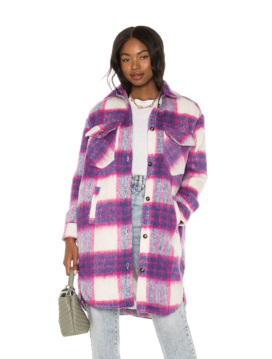 black model in pink and white and purple Blank NYC Long Plaid Shacket 