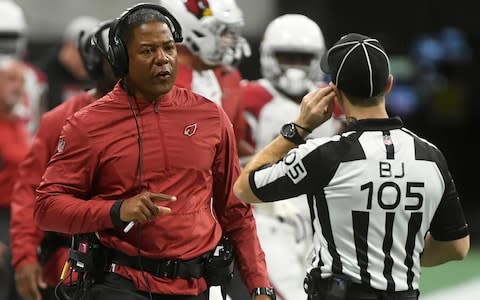 Arizona Cardinals head coach Steve Wilks speaking to field judge Rick Patterson (15) during the first half of an NFL football game in Atlanta. An Arizona loss will clinch the top-pick in the 2019 NFL draft for the Cardinals (3-12) and may spell an end to Wilks tenure as their head coach. Itâ€™s been an underwhelming season for the Cardinals and the struggles have led to plenty of rumors that Wilks will only last one season - Credit: AP