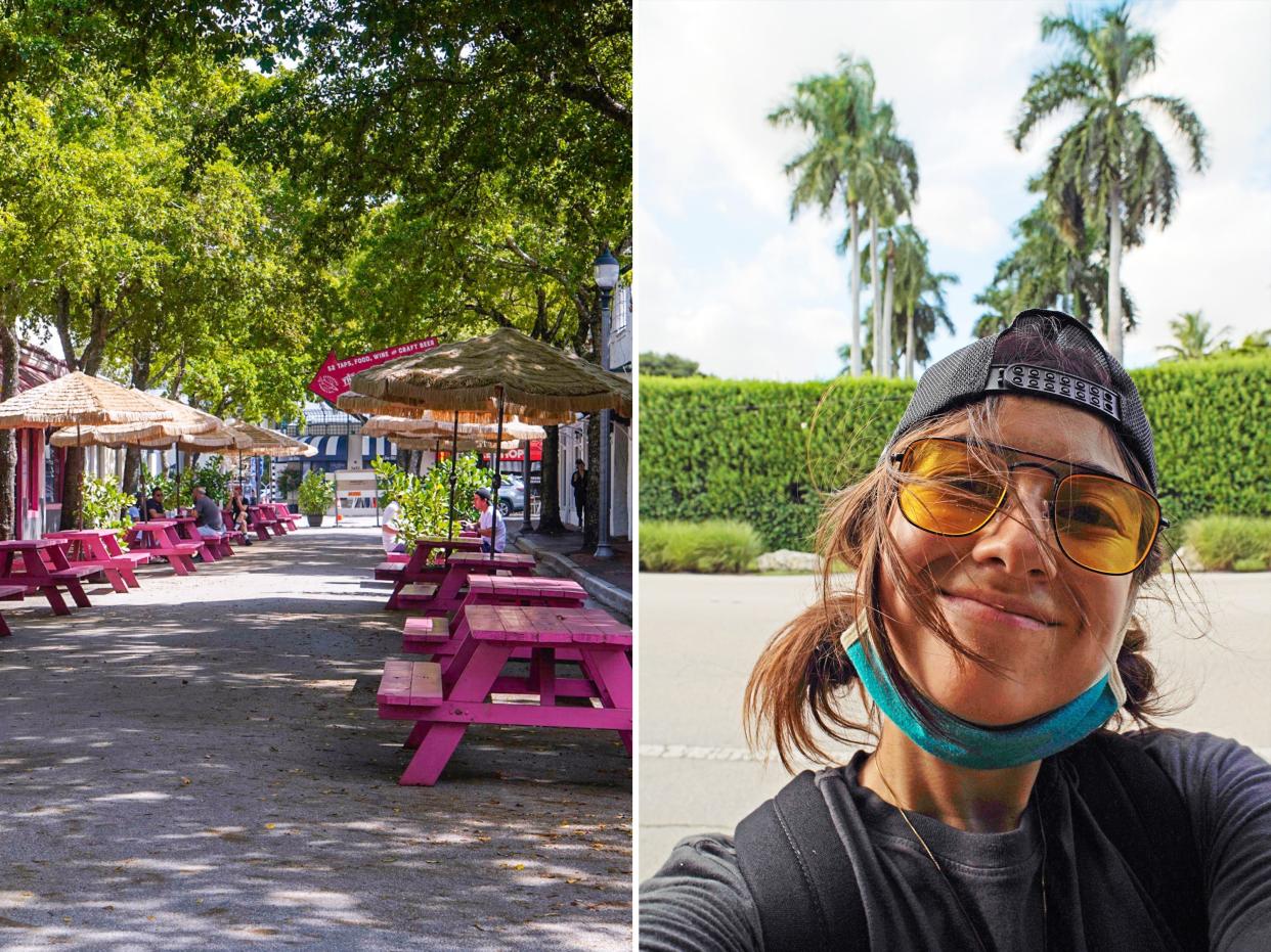 (R) Pink picnic tables in the shade on a street in Coconut Grove (L) the author takes a selfie with palm trees and bushes in the background