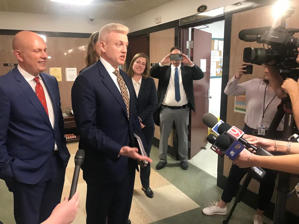 Hiram Sasser, who's representing the Oklahoma State Department of Education, Oklahoma state Board of Education and state schools Superintendent Ryan Walters, speaks to reporters after Wednesday's hearing in a lawsuit involving St. Isidore of Seville Catholic Virtual Charter School.
