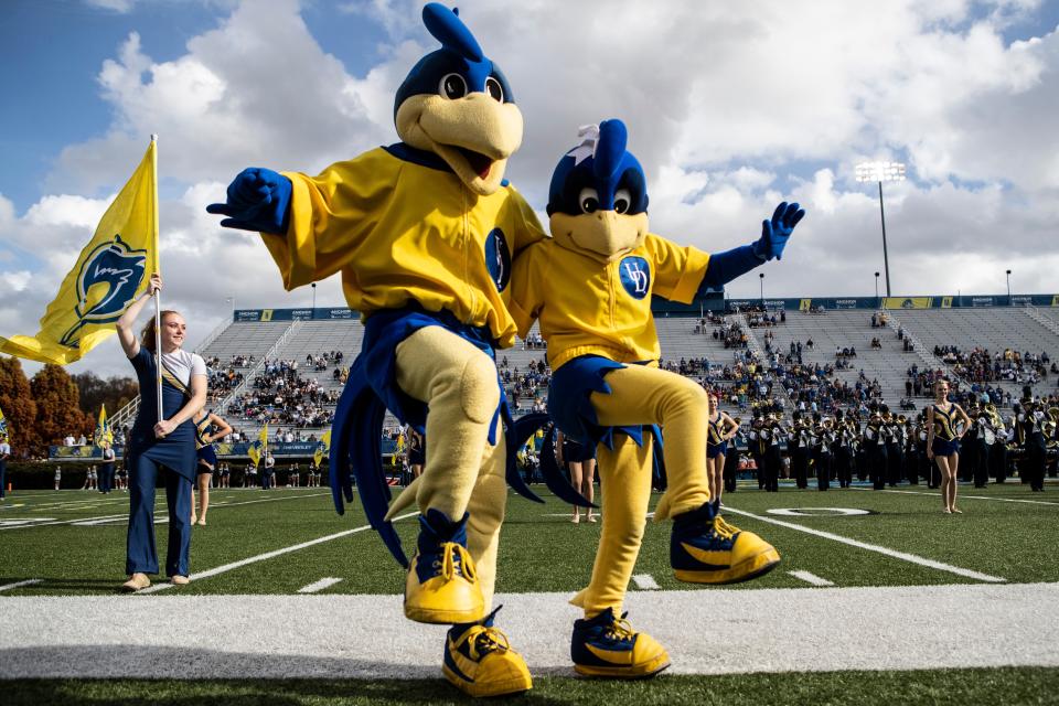 Delaware Blue Hens mascots YoUDee and Baby Blue dance at the start of the Hens vs. CAA newcomer the Monmouth Hawks football game at Delaware Stadium, Saturday, Nov. 5, 2022. Delaware won 49-17.