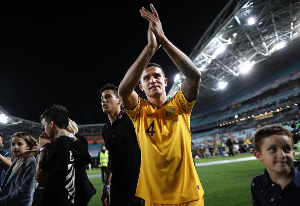 Australia's all-time leading scorer Tim Cahill (4) and other men's players were quick to support the women in their equal pay fight. (Photo by Ryan Pierse/Getty Images)