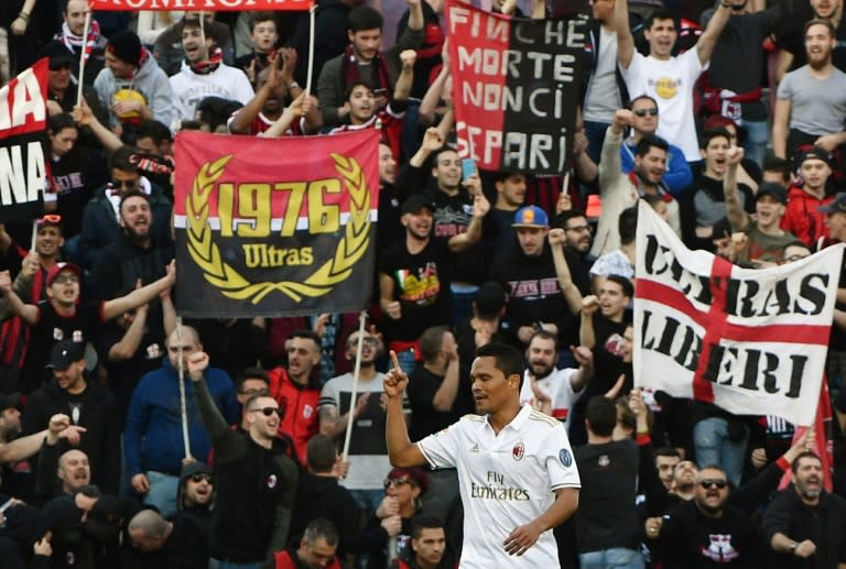 AC Milan's forward Carlos Bacca celebrates after scoring on February 26, 2017 at the Mapei stadium in Reggio Emilia