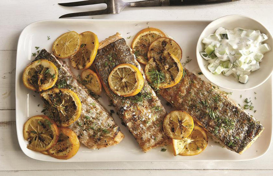 Grilled Salmon With Meyer Lemons and Creamy Cucumber Salad