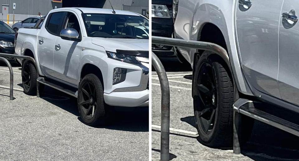 The ute (pictured) can be seen stuck with the metal pole of the trolley bay caught between the rear wheel and body of the Mitsubishi