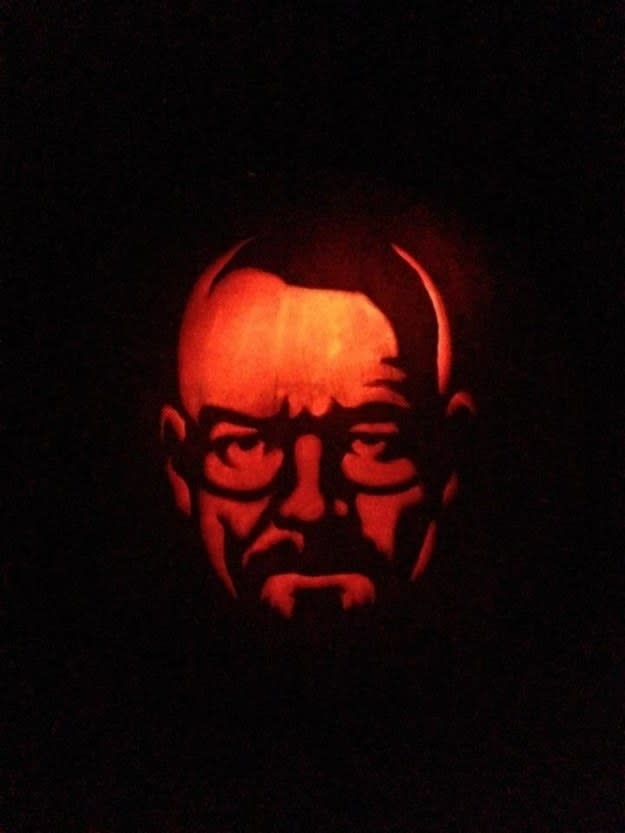 a pumpkin carving of Walter White