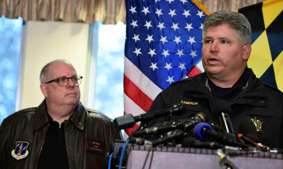 <p>St. Mary’s County Sheriff Tim Cameron, right, speaks as Maryland Gov. Larry Hogan, left, listens during a news conference in Great Mills, Md., Tuesday, March 20, 2018, about the shooting at Great Mills High School. (Photo: Susan Walsh/AP) </p>