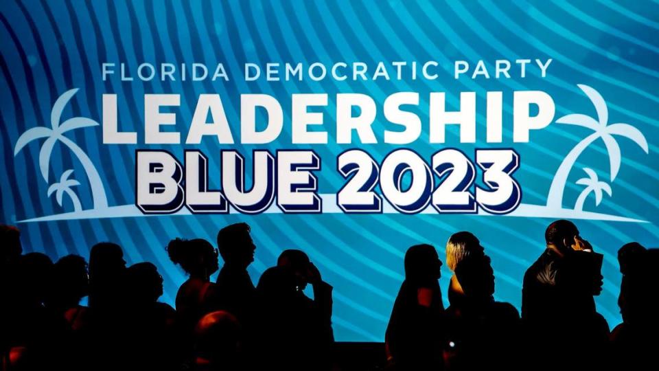 Attendees arrive for the gala at the Florida Democratic Party’s annual Leadership Blue Weekend at the Fontainebleau Hotel in Miami Beach, Florida, on Saturday, July 8, 2023.