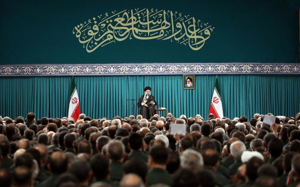 Iran's Supreme Leader Ayatollah Ali Khamenei speaks during a meeting with commanders and a group of members of the Islamic Revolutionary Guard Corps in Tehran, Iran August 17, 2023.