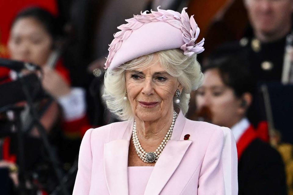 <p>Dylan Martinez - Pool/Getty</p> Queen Camilla at the U.K.’s national commemorative event marking the 80th anniversary of the D-Day Landings in Portsmouth, England, on June 5, 2024.