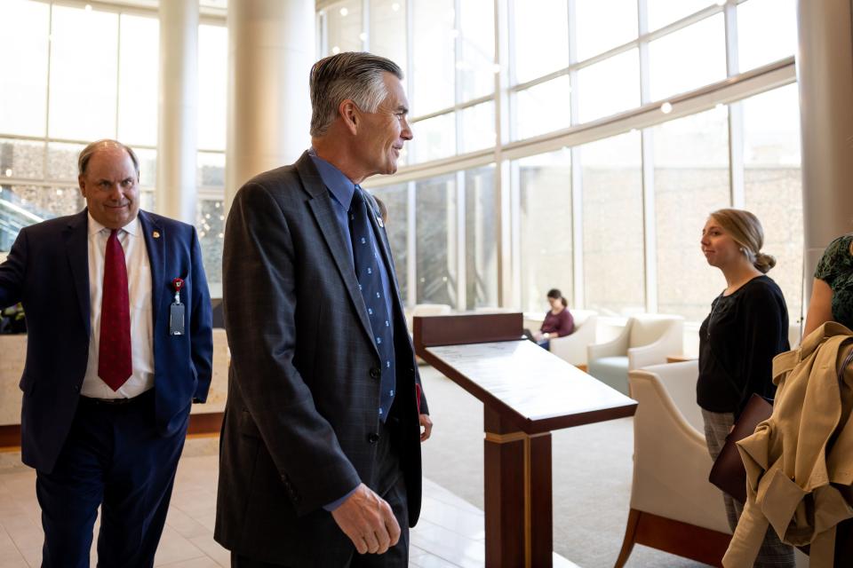 Dr. Michael Good, CEO of University of Utah Health, walks through the new Kathryn F. Kirk Center for Comprehensive Cancer Care and Women’s Cancers at Huntsman Cancer Institute in Salt Lake City during its opening on Monday, May 8, 2023. | Spenser Heaps, Deseret News