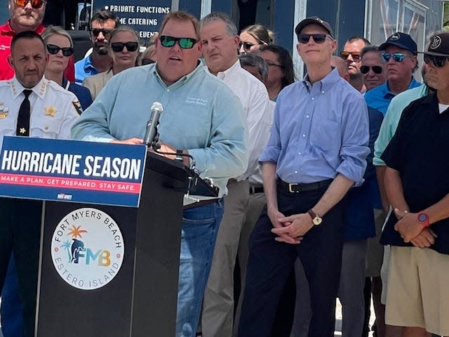 Fort Myers Beach mayor Dan Allers speaks during a Thursday, May 30, 2024, hurricane preparedness press conference outside The RUDE Shrimp, 450 Harbor Ct., on Fort Myers Beach.