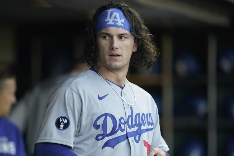 Dodgers' James Outman before a game against the San Francisco Giants.