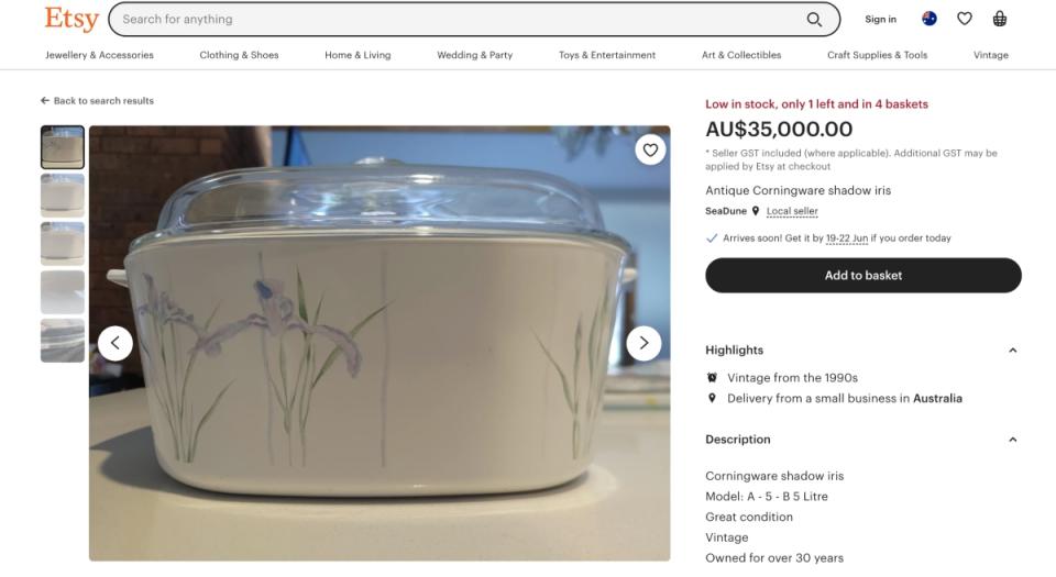 CorningWare piece priced at $35,000 on Etsy