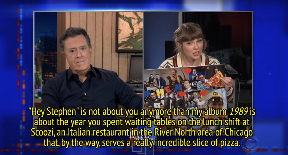 Talk show host interviewing Taylor Swift, who is holding up a mood board with various images and texts