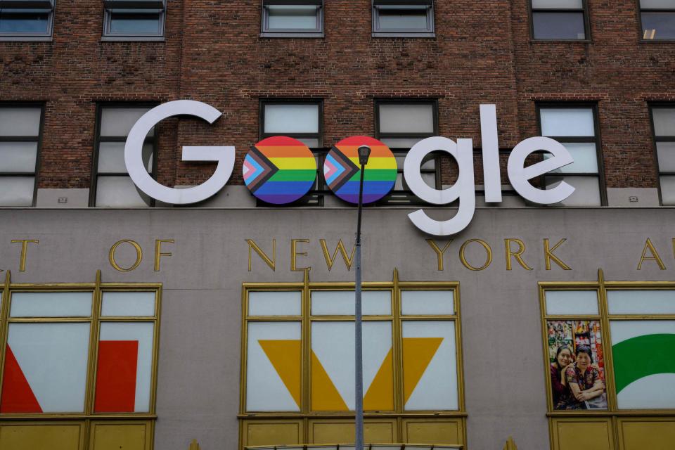 The Google logo is seen with the rainbow flag as a symbol of lesbian, gay, bisexual, transgender (LGBT) and queer pride and LGBT social movements in New York City on June 7, 2022.