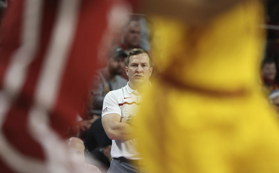 Iowa State head coach T.J. Otzelberger looks on during the first half of an NCAA college basketball game against Oklahoma, Saturday, Feb. 25, 2023, in Ames, Iowa. (AP Photo/Justin Hayworth)